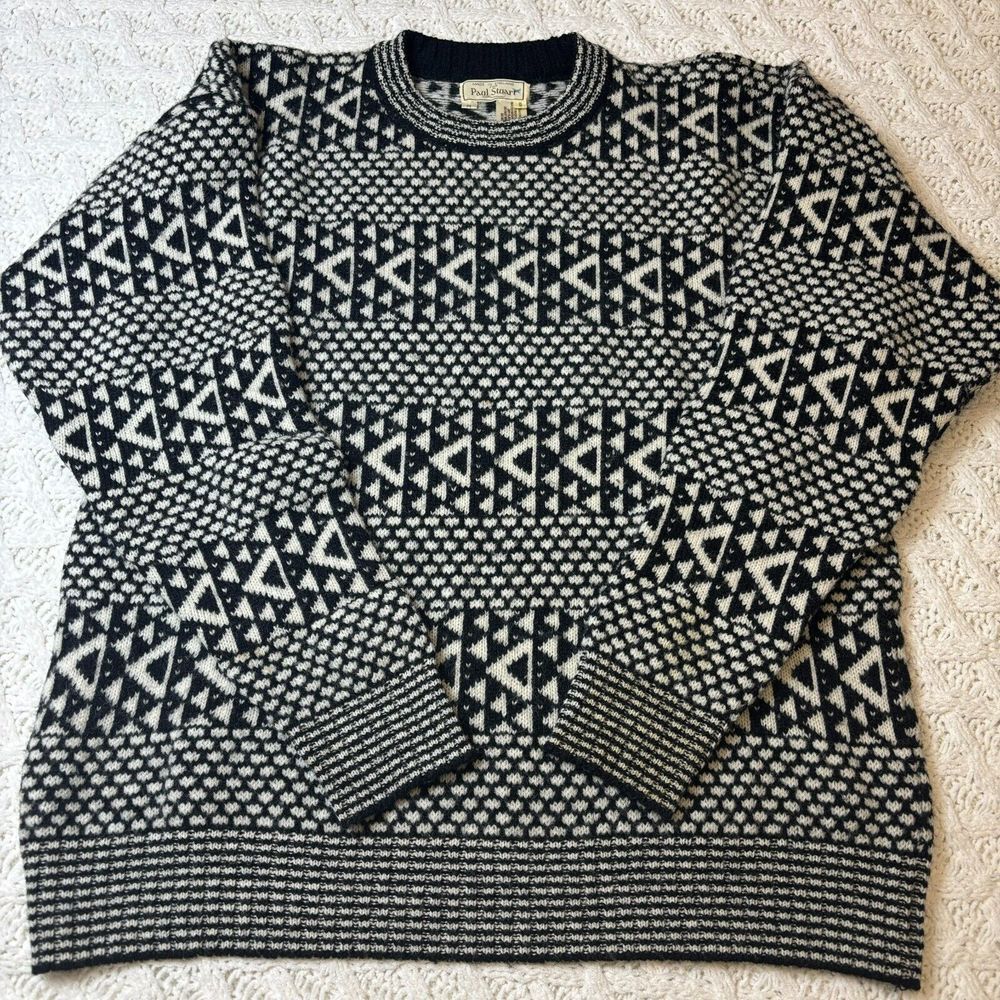 Paul Stuart Men's M Hand-Knitted Pullover Sweater‎ Black & White 100% Wool VTG